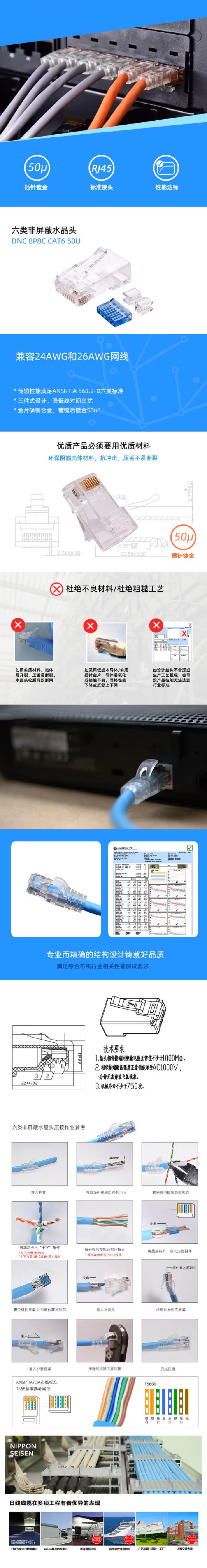 日线（NISSEN） 千兆cat6六类非屏蔽水晶头网线过fluke测试 家装套装(20水晶头+20护.jpg